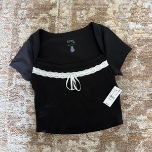 Black lace crop top with white bow detail Size S #croptop #lace
